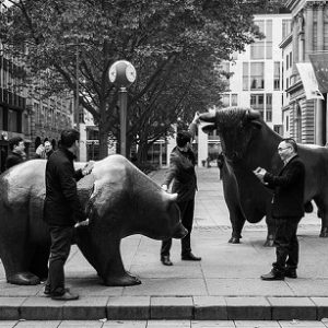 bull and bear at frankfurt stock exchange