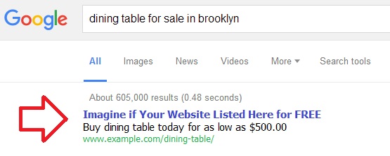 Search for "dining table for sale in brooklyn" and analyze the paid search and the page that rank #1 in search engine results page