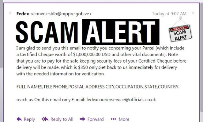 Fedex Scam Email Message Example Received Scam Alert 2718
