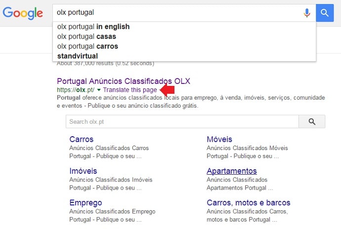 Translate OLX Portugal in English via Google Translate