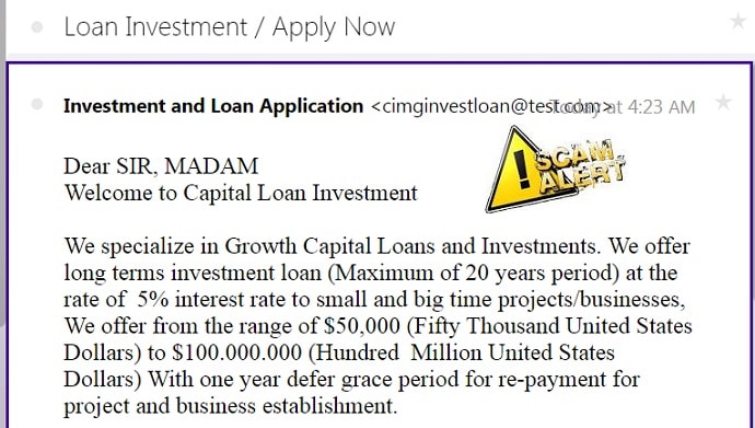 investment and loan application scam alert