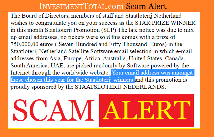 Scam Alert: Lottery Winner Email Selection from STAATSLOTERIJ NEDERLANDS