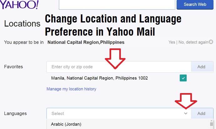 change location and language preferences in Yahoo mail account