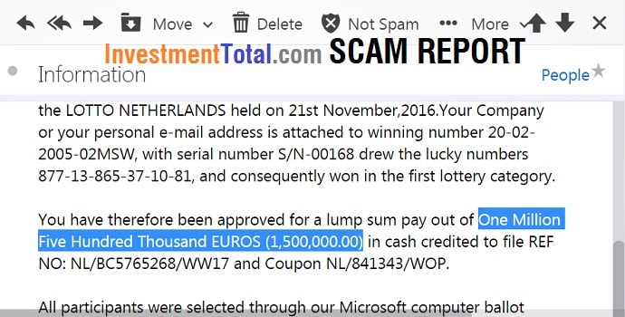 Scam Report: Lotto Netherlands Electronic Mail Award Notification