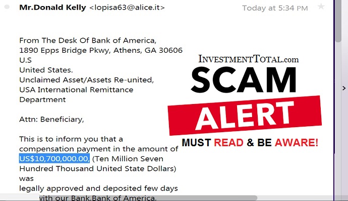 Bank of America $10,700,000.00 Compensation Payment (Scam Alert)