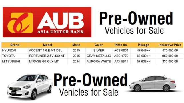 Used Cars for Sale Philippines at Asia United Bank (Fortuner, Mirage, Accent)
